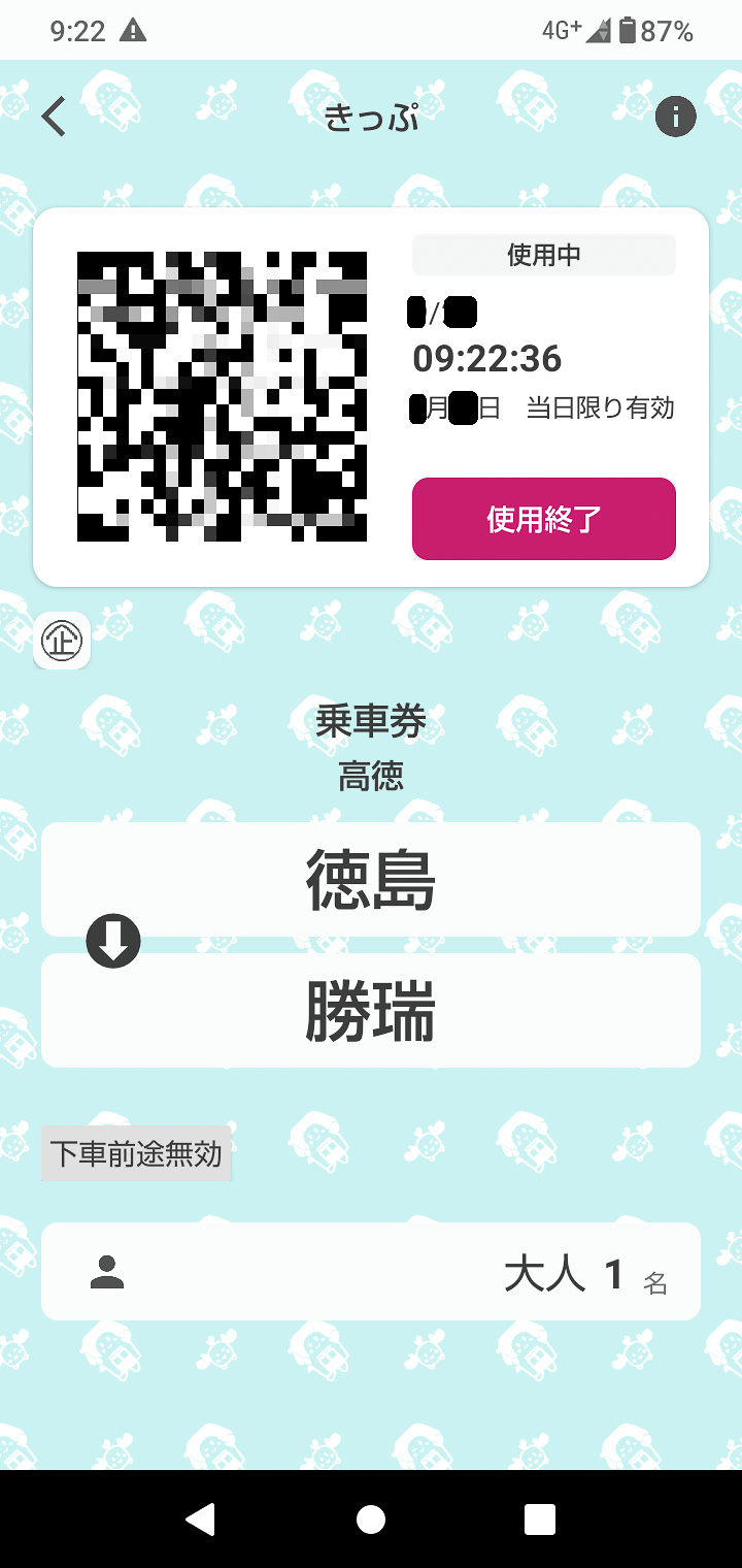 使用中の乗車券。地紋の色が「週末乗り放題きっぷ」のときとは異なる。使用を終了したら、「使用終了」をタップする