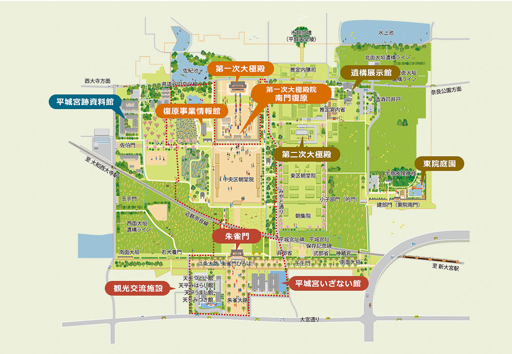 平城宮跡歴史公園のマップ。かなり広いのでレンタサイクルで周辺も含めて回るのもよい