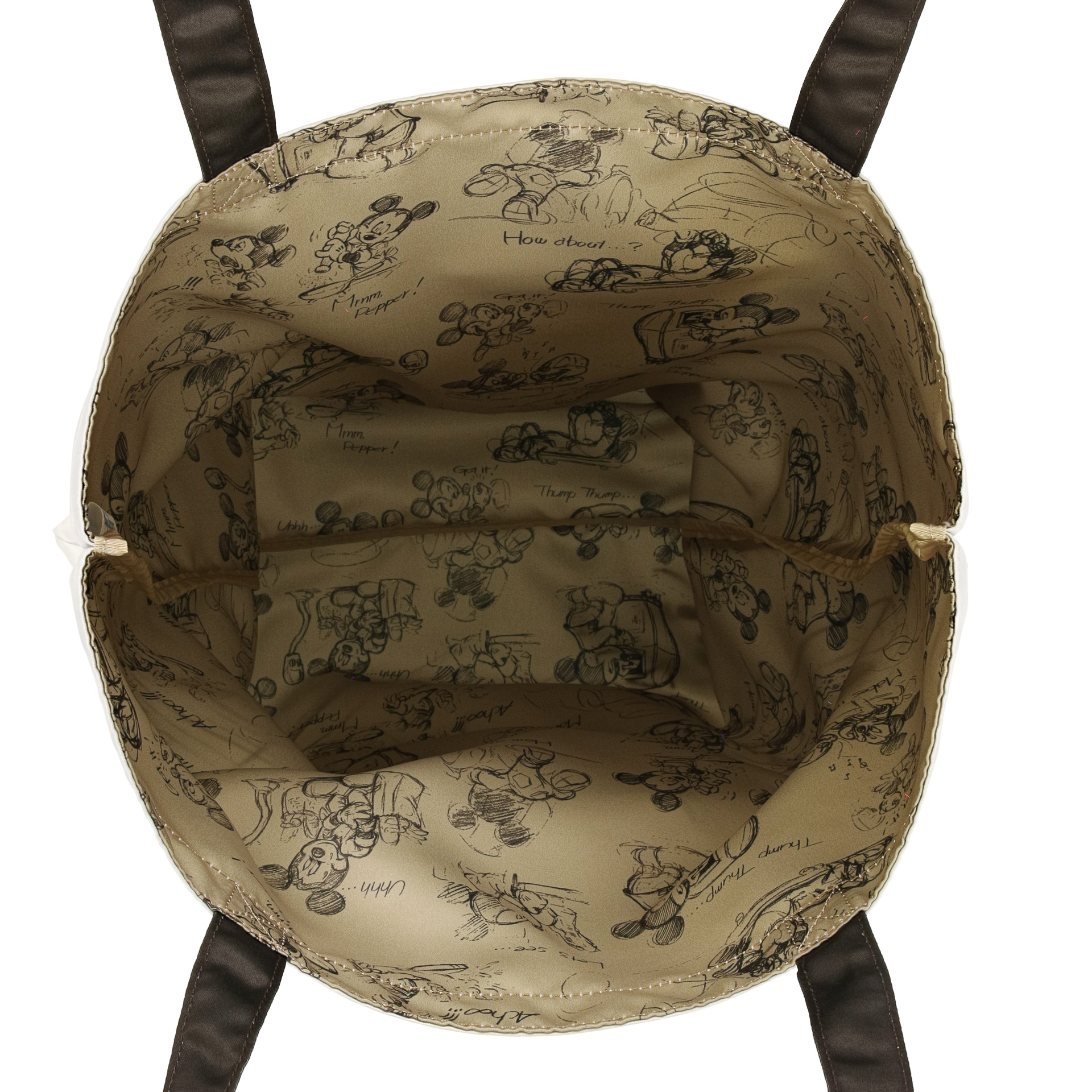 内生地は、ミッキーマウスの日常を描いた総柄仕様。細かく眺めたい！