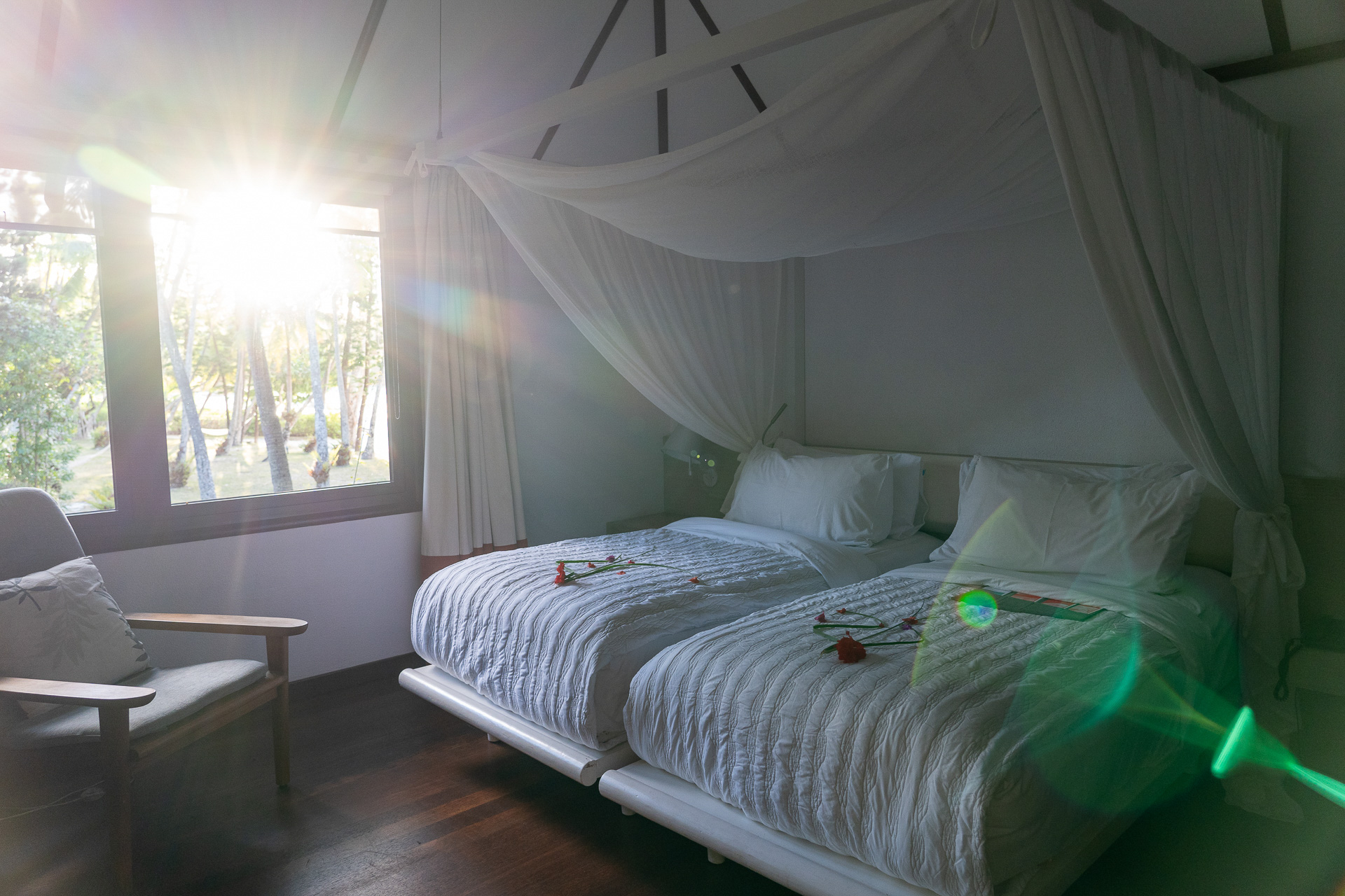 こちらがベッドルーム。無料Wi-Fi完備です