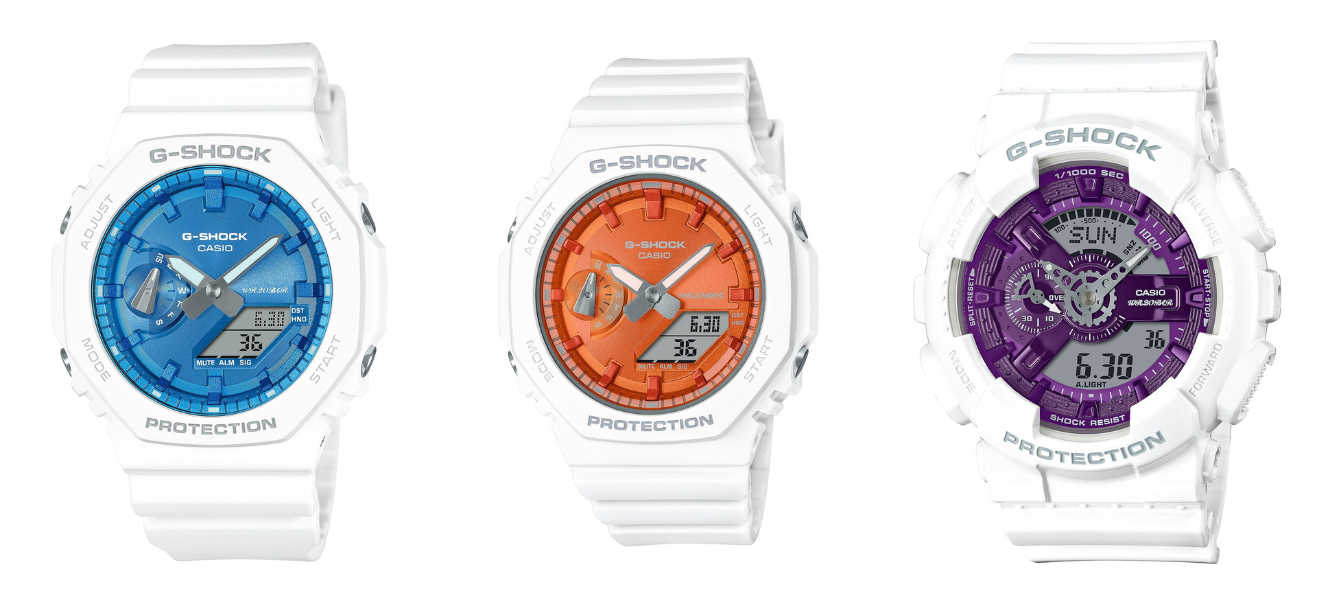 左から「GA-2100WS（1万8150円）」「GMA-S2100WS（1万8150円）」「GA-110WS（1万9800円）」