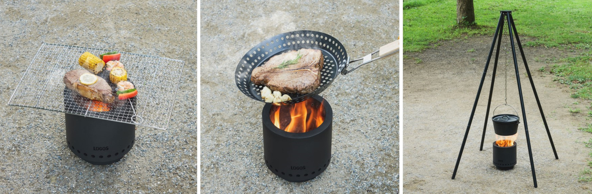 焼き網をセットして肉や野菜などを直火調理できる。「MAKIBI グリルPAN」「ダッチオーブン」「アイアンクワトロポッド」など別売りアイテムも組み合わせOK