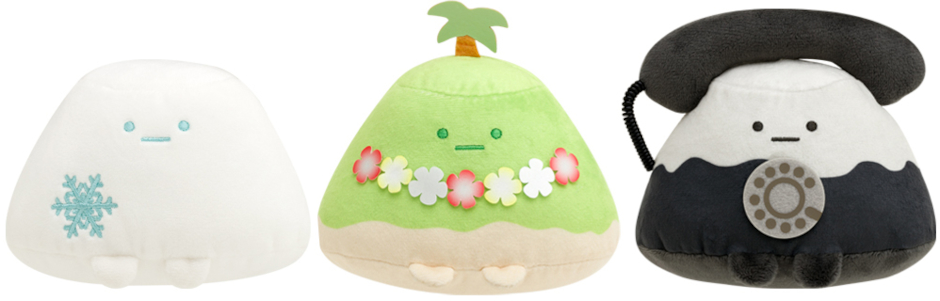 ちょっと大きめのぬいぐるみ。左から、ゆきやま（1100円）、なつやま（1210円）、黒電話（1210円）