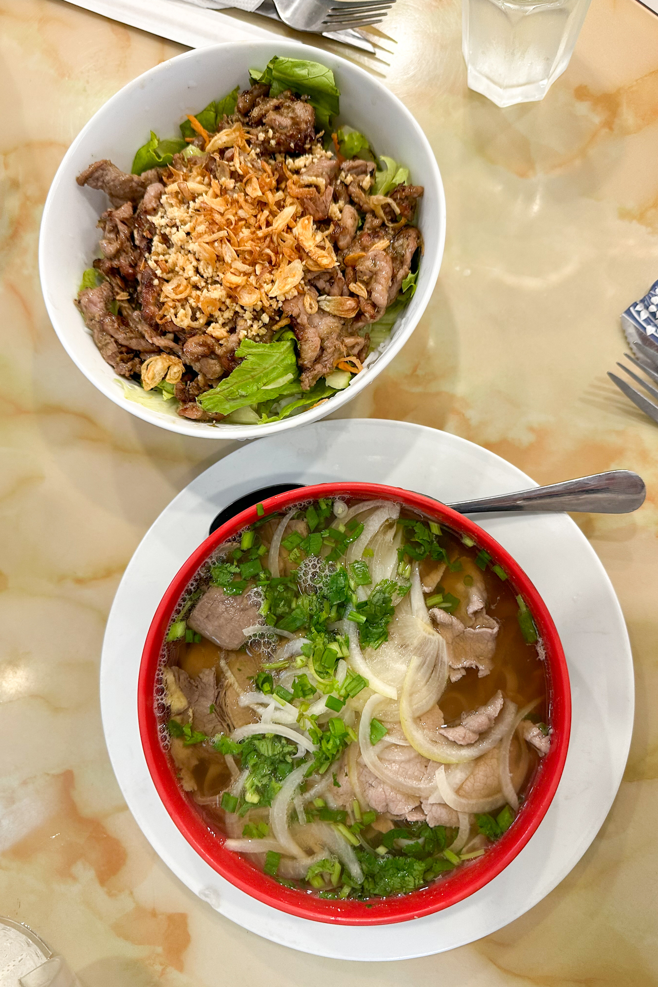 上が肉乗せ汁なし太麺ビーフンみたいなもの。下は私がオーダーした牛肉のフォー