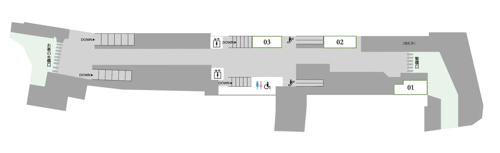 マップ。01がプラスプレ、02がいろり庵きらく、03がNewDays。緑色の部分は改札外