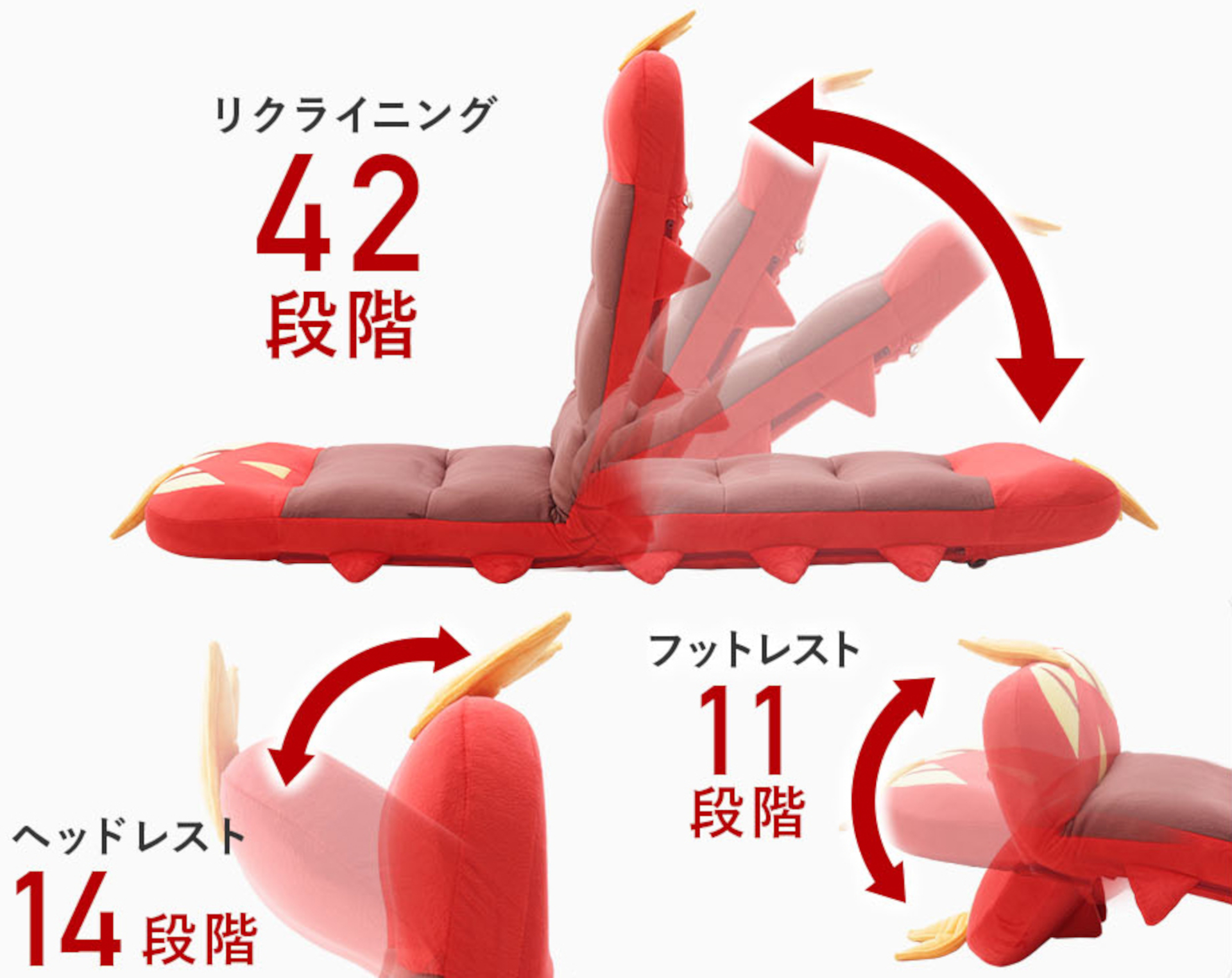 背もたれは42段のリクライニング。フットとヘッドも調整可能