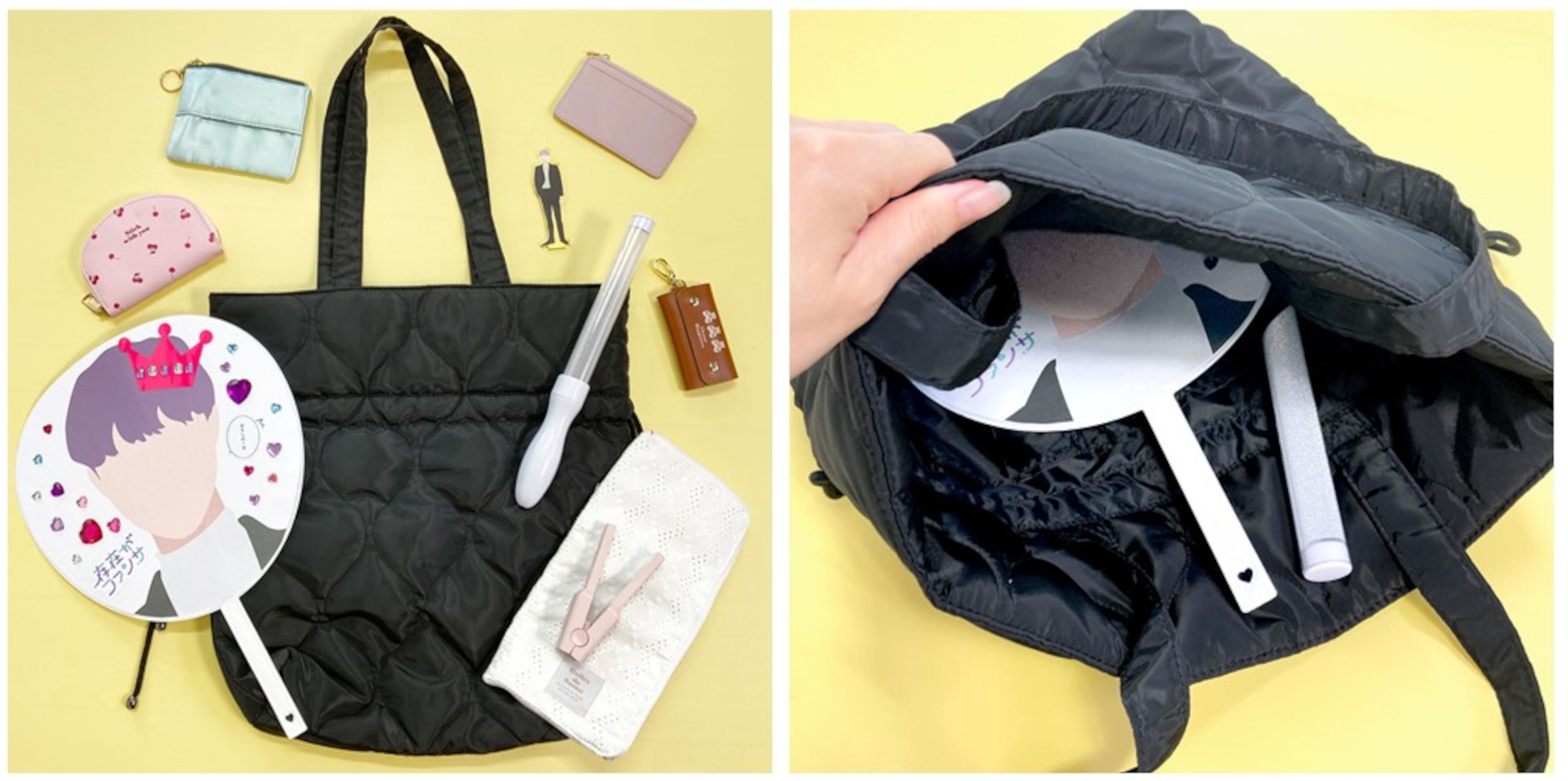 「推し活キルティングトート」は福袋限定商品。44×11×42cm（幅×奥行×高さ）の大きめサイズで、担当カラーを問わず使いやすいシンプルなデザイン