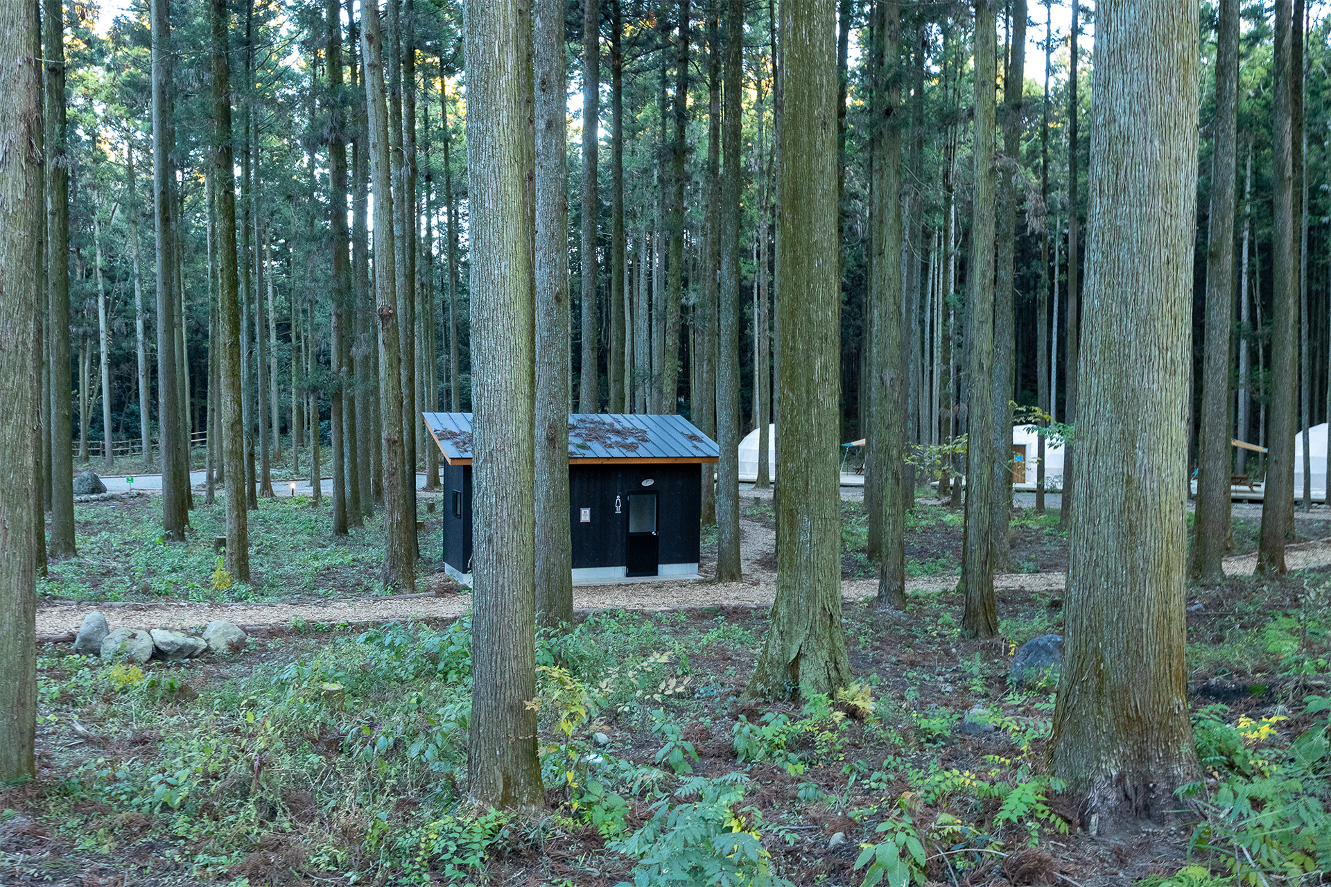 テントサイト、グランピングサイトから近いトイレ棟なので、各方面からアクセスしやすいよう3方向に通路を作ってある。こういう作りはとても親切