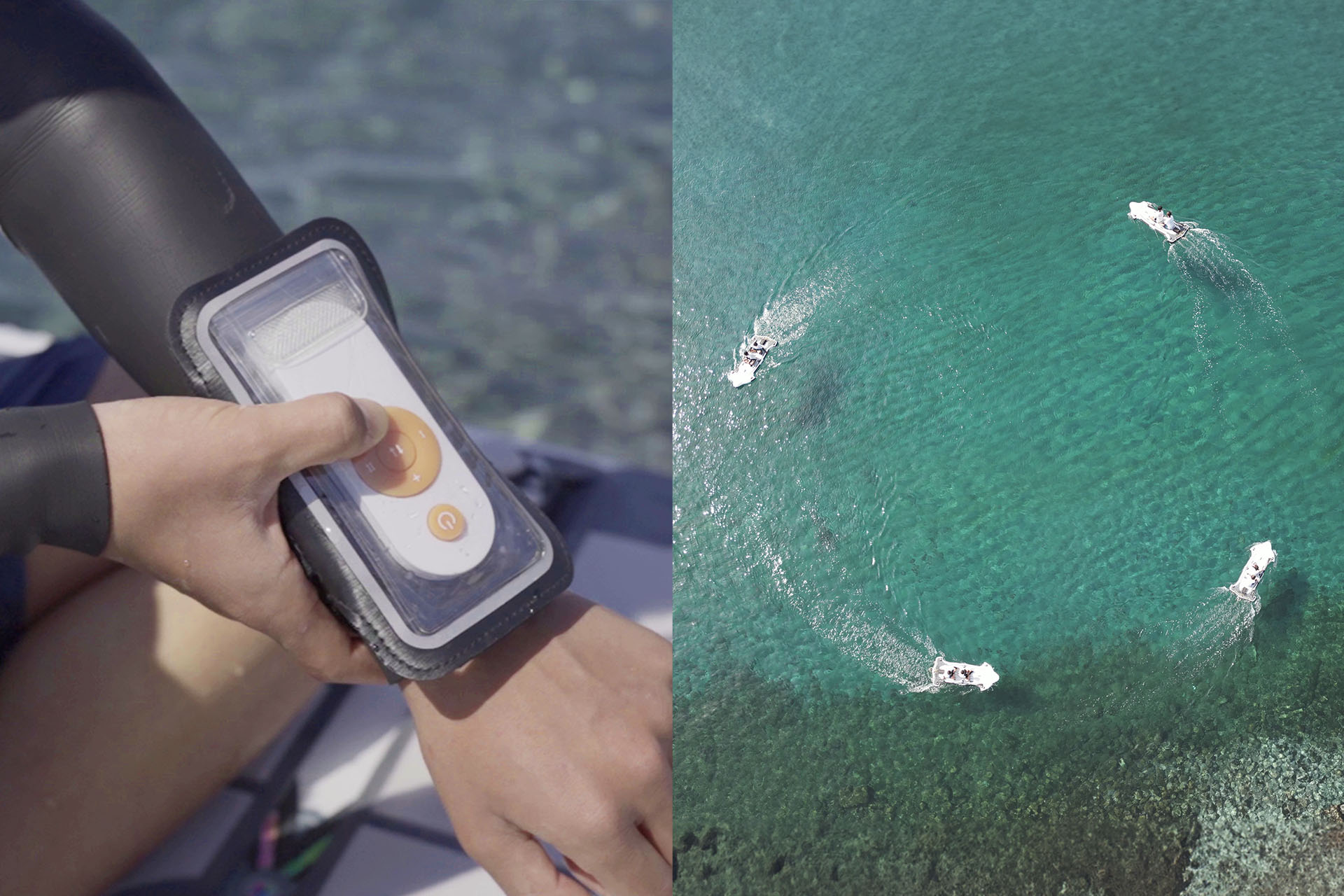 操作はリモコンで簡単。薄さ15cmのボード形状で風の影響を軽減し、手漕ぎパドルでも進む