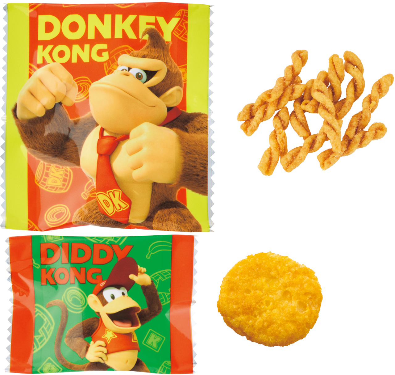 「アソートスナック」の中身はパスタスナック（ソルト）とライスクラッカー（さとうじょうゆ）の2種入り。樽の容器は貯金箱として使える