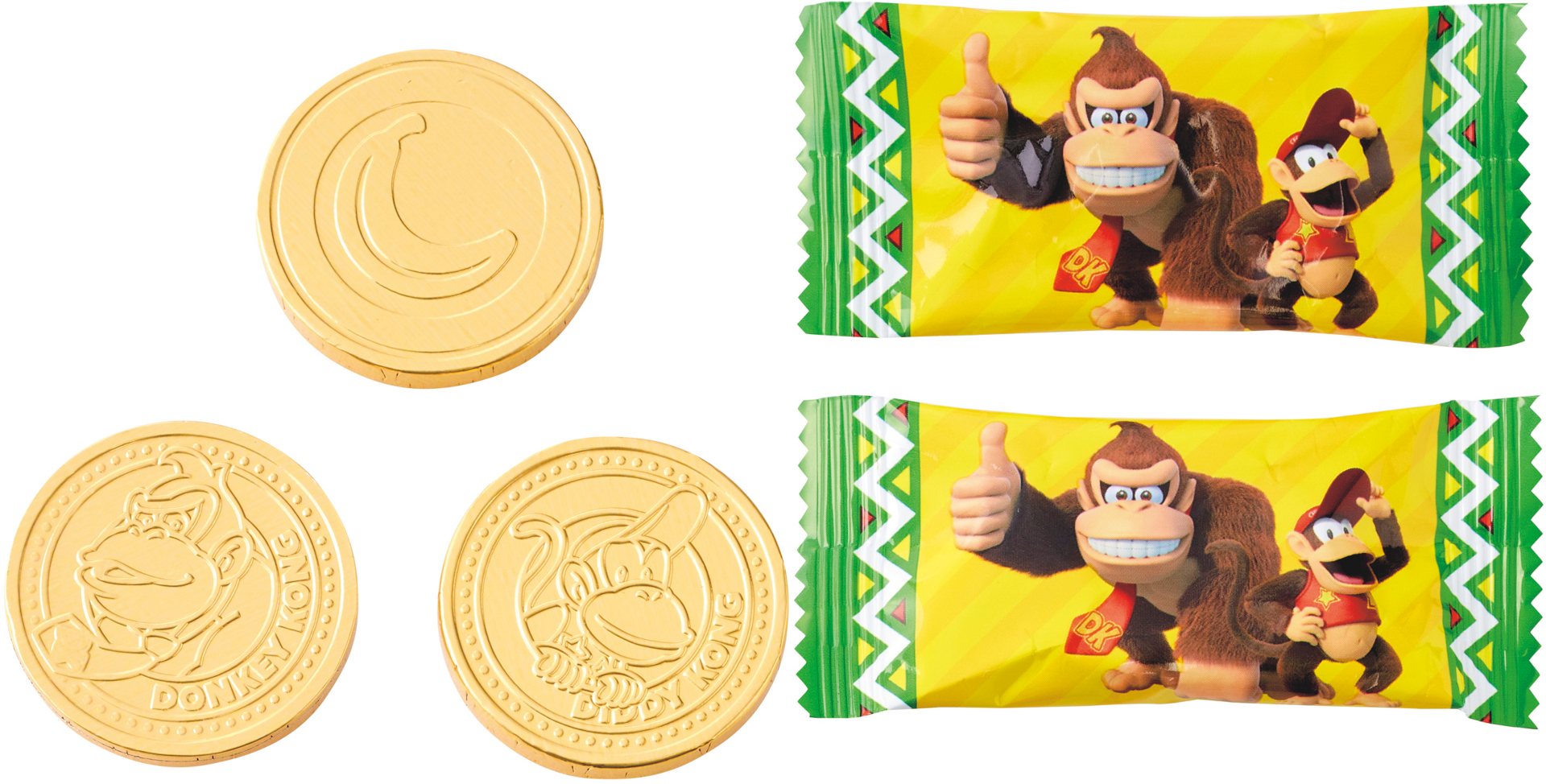 蓋のゴールデンバナナが輝く「アソートスウィーツ丸缶」。中身はコインチョコとチョコクッキー