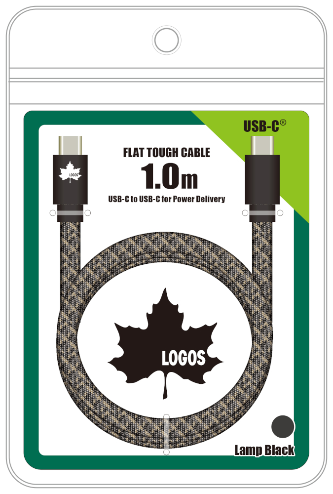 屈曲に強いフラットタイプの「LOGOS フラットケーブル USB-C to C 1.0m」。コネクタ部とリユースパッケージにはLOGOSロゴが