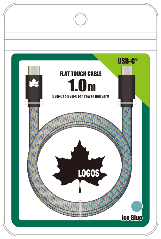 屈曲に強いフラットタイプの「LOGOS フラットケーブル USB-C to C 1.0m」。コネクタ部とリユースパッケージにはLOGOSロゴが