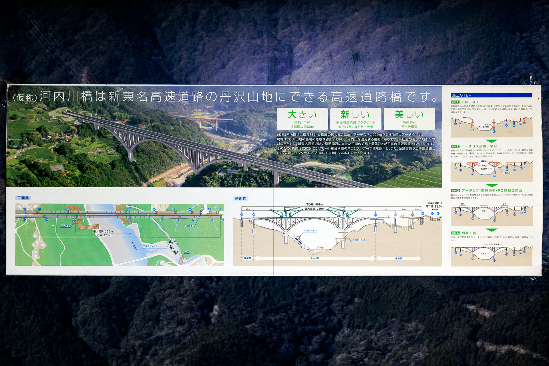 山北事業PR館のパネル展示。このほか建設過程をさまざまな方向から見ることができるVR映像や橋の仕組みが分かる模型なども展示されている