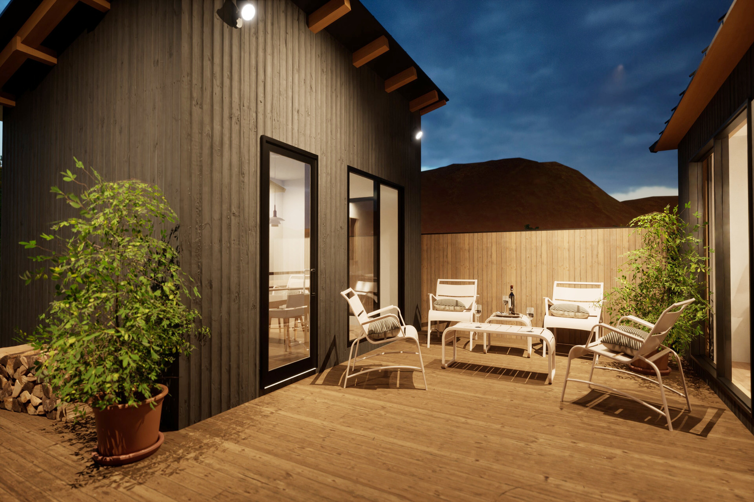 各棟専用の食事スペース、トイレ、お風呂を備える