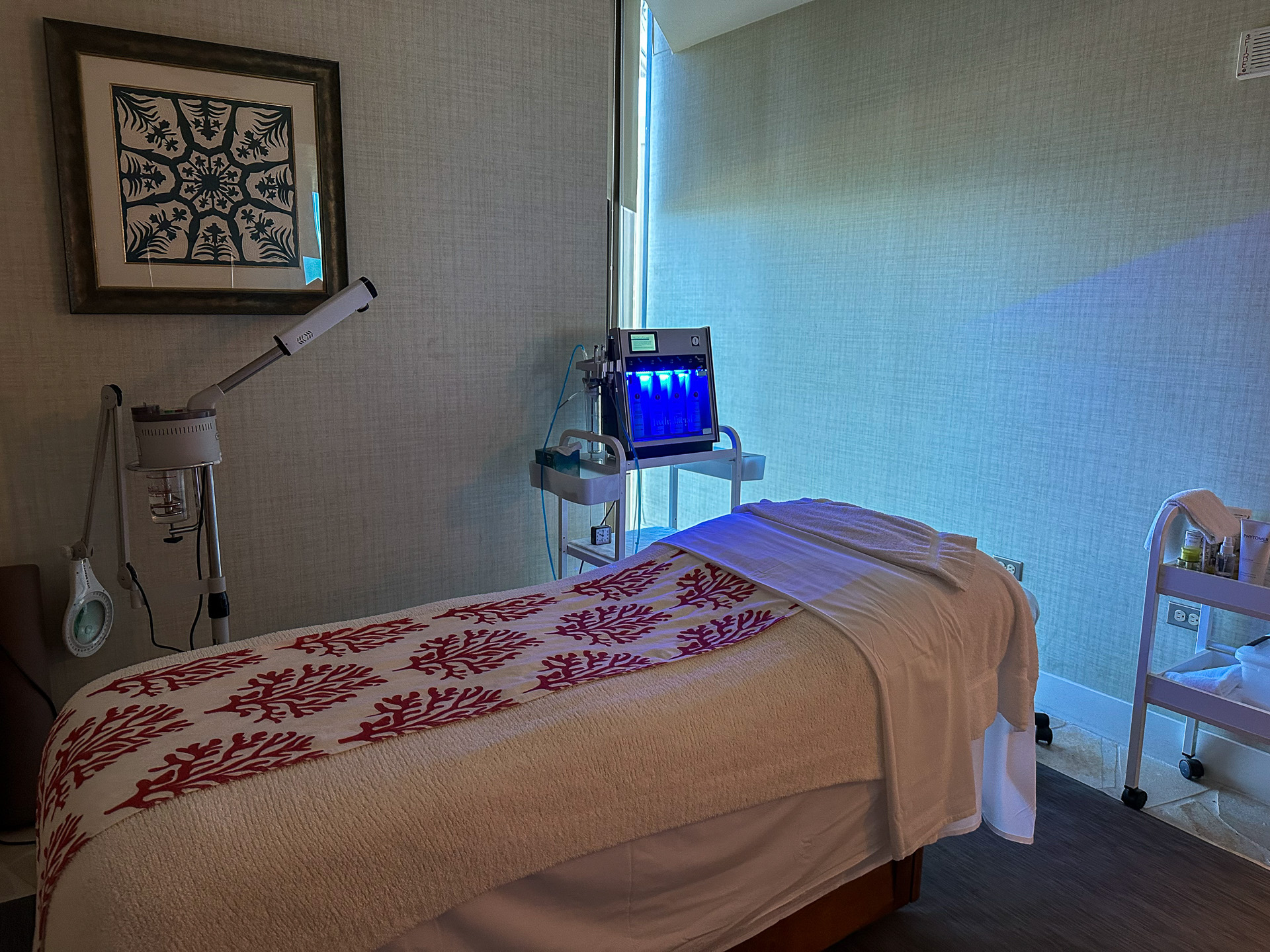 今回施術を受けたお部屋。青っぽいのがハイドラフェイシャル専用マシン