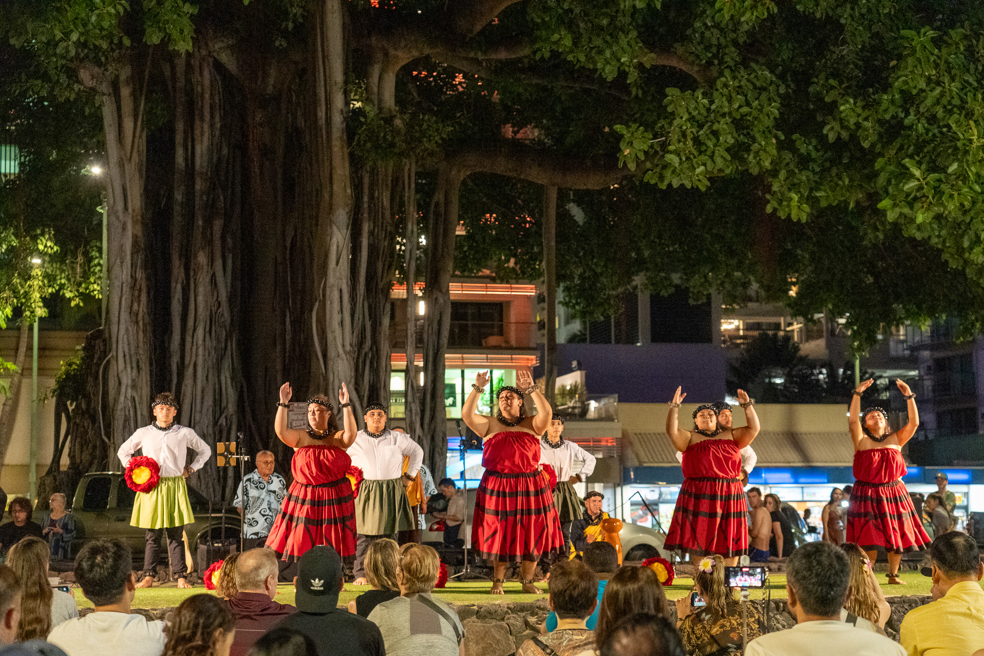 デュークカハナモク像の近くの大きなバニアン・ツリー前の芝生エリアで開催されています