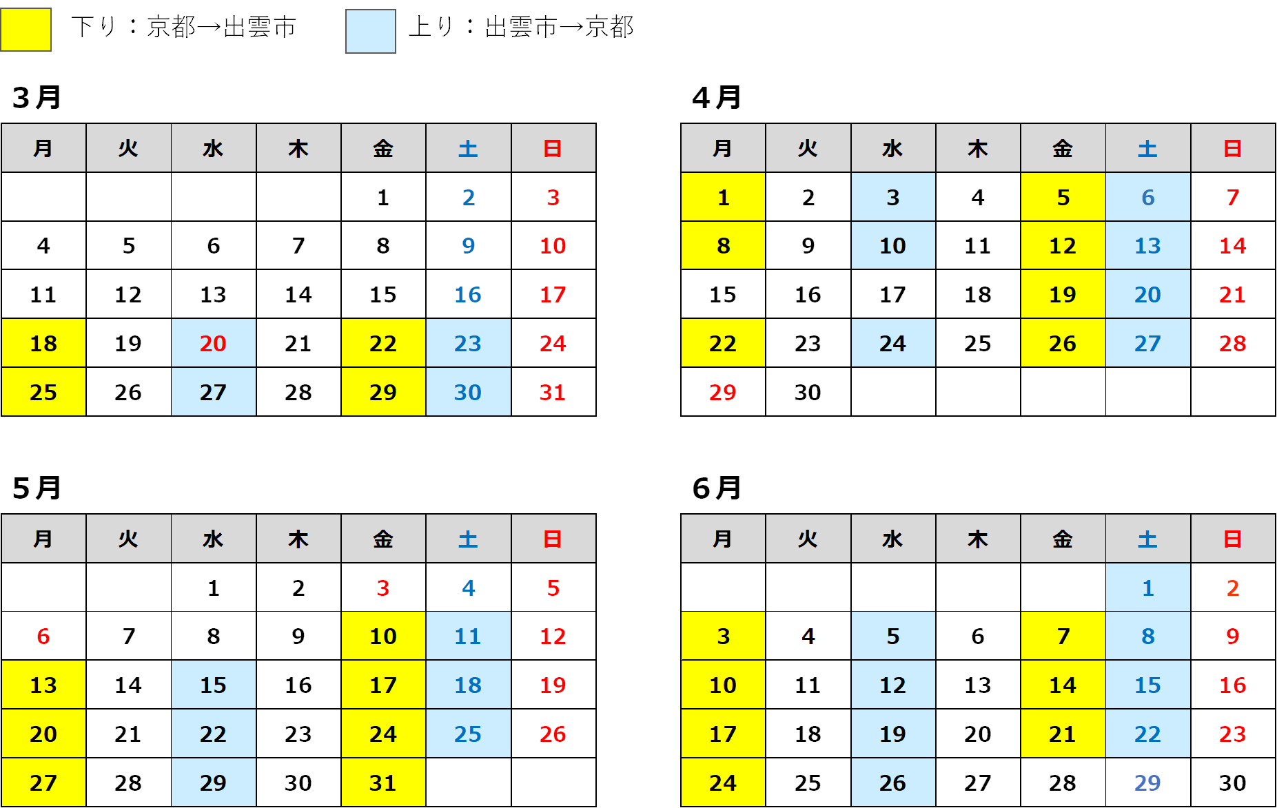 運行日カレンダー（始発駅基準）