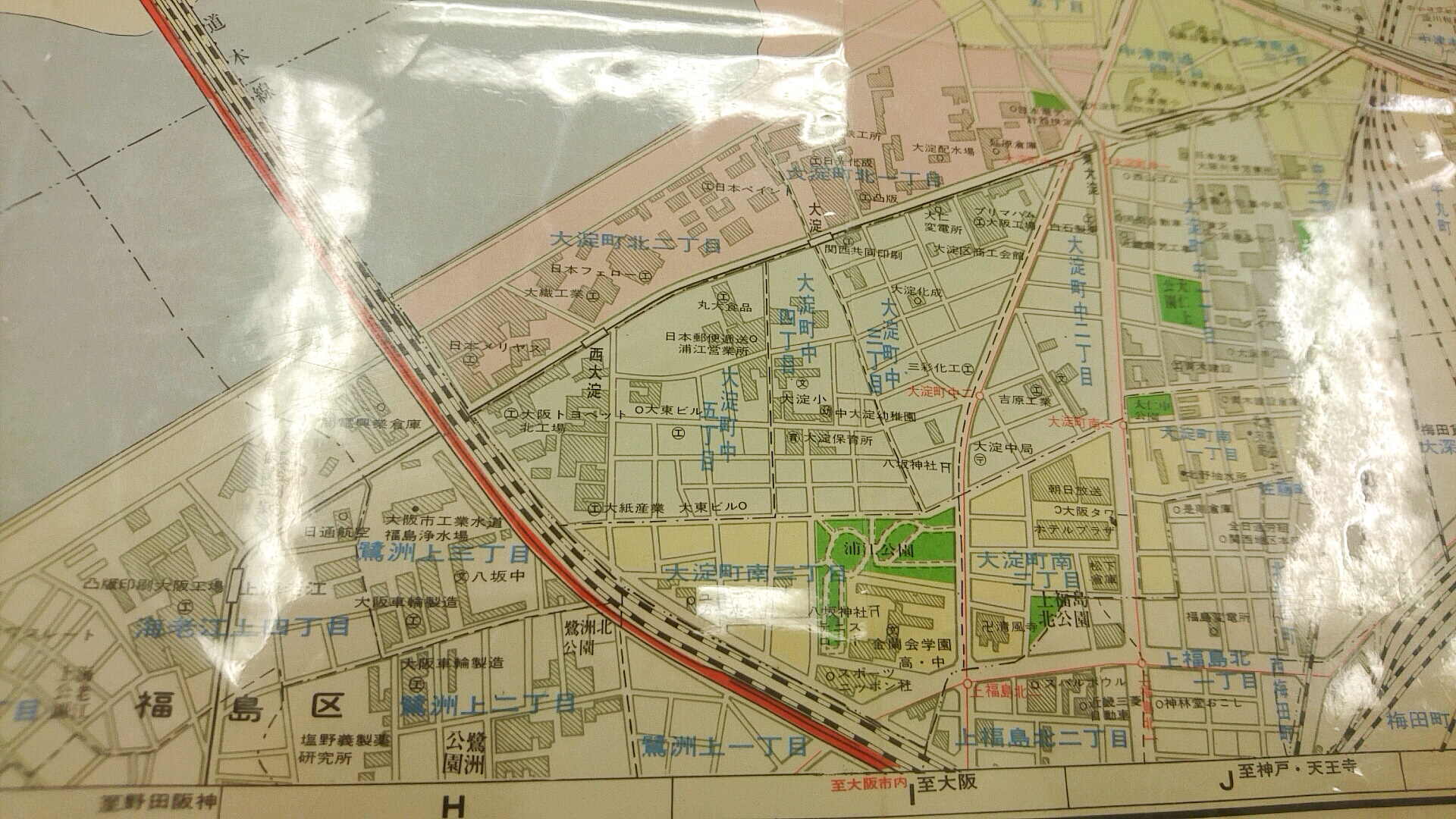 昭和45年の地図（大阪市図書館所蔵）。北大阪線の沿線には工場が連なっていた