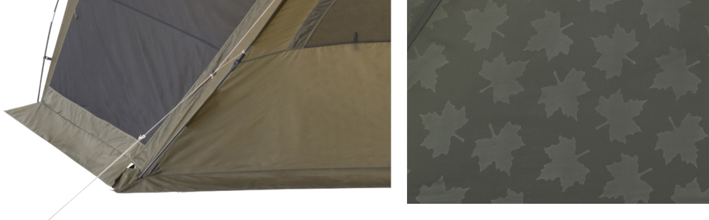 虫などの侵入を防ぐ「フルマッドスカート仕様」。フライシートはメイプルリーフのエンボス加工