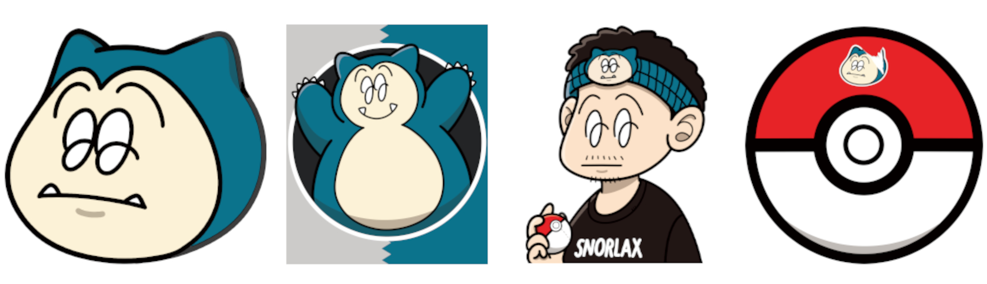 左から「KABIGON LOGO」（66万円）、「カビゴン #143」（99万円）、「CHRIS #11」（99万円）、「Poké Ball（KABIGON STICKER）」（66万円）