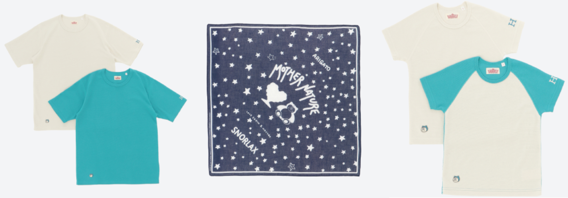 左から「HRM Stretch Fraise CREW NECK COMFORTABLE SS KABIGON TEE」（1万3200円）、「HRM MOTHER NATURE KABIGON BANDANA」（2970円）、「HRM Stretch Fraise KIDS CREW NECK SS KABIGON TEE」（8250円）