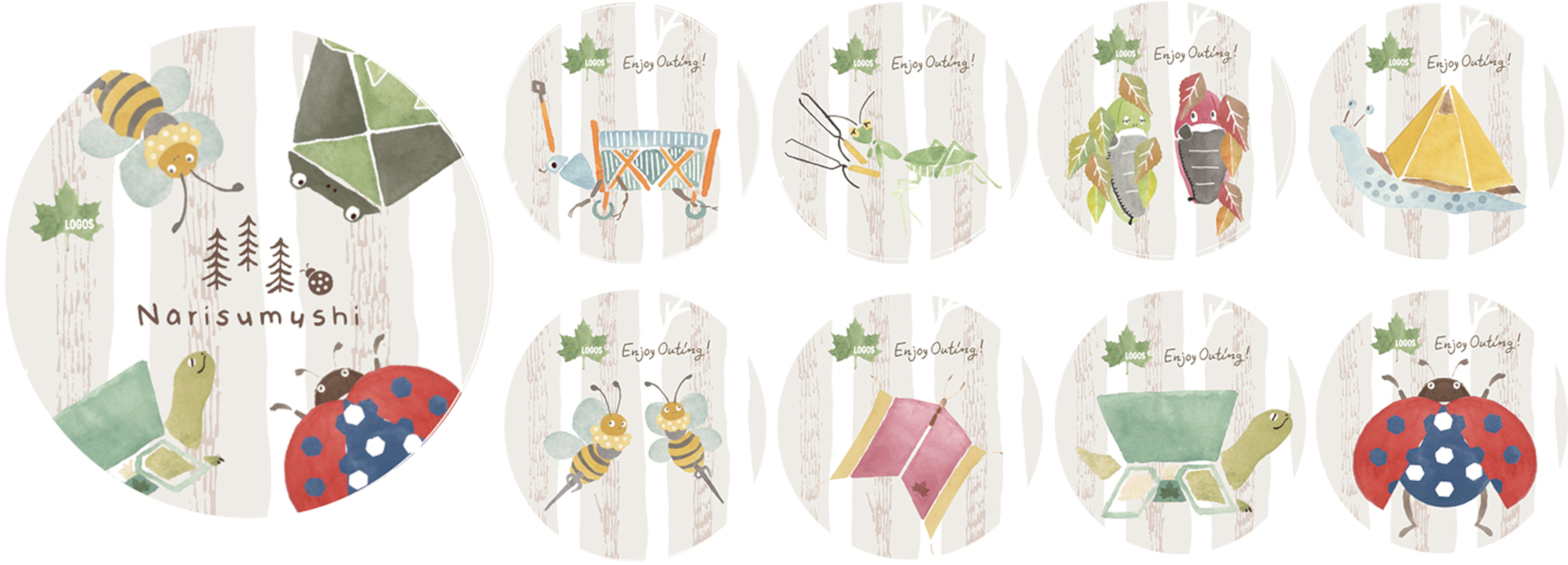 さまざまなアウトドア用品が生き物になりすましたLOGOSオリジナルキャラクター「Narisumushi」のシール
