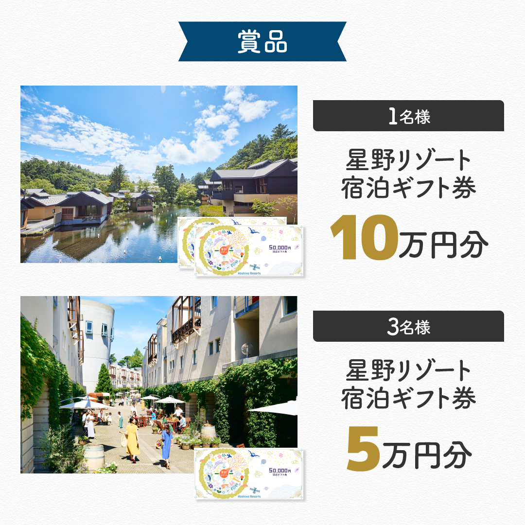 「星野リゾート宿泊ギフト券」10万円分を1名、5万円分を3名にプレゼント