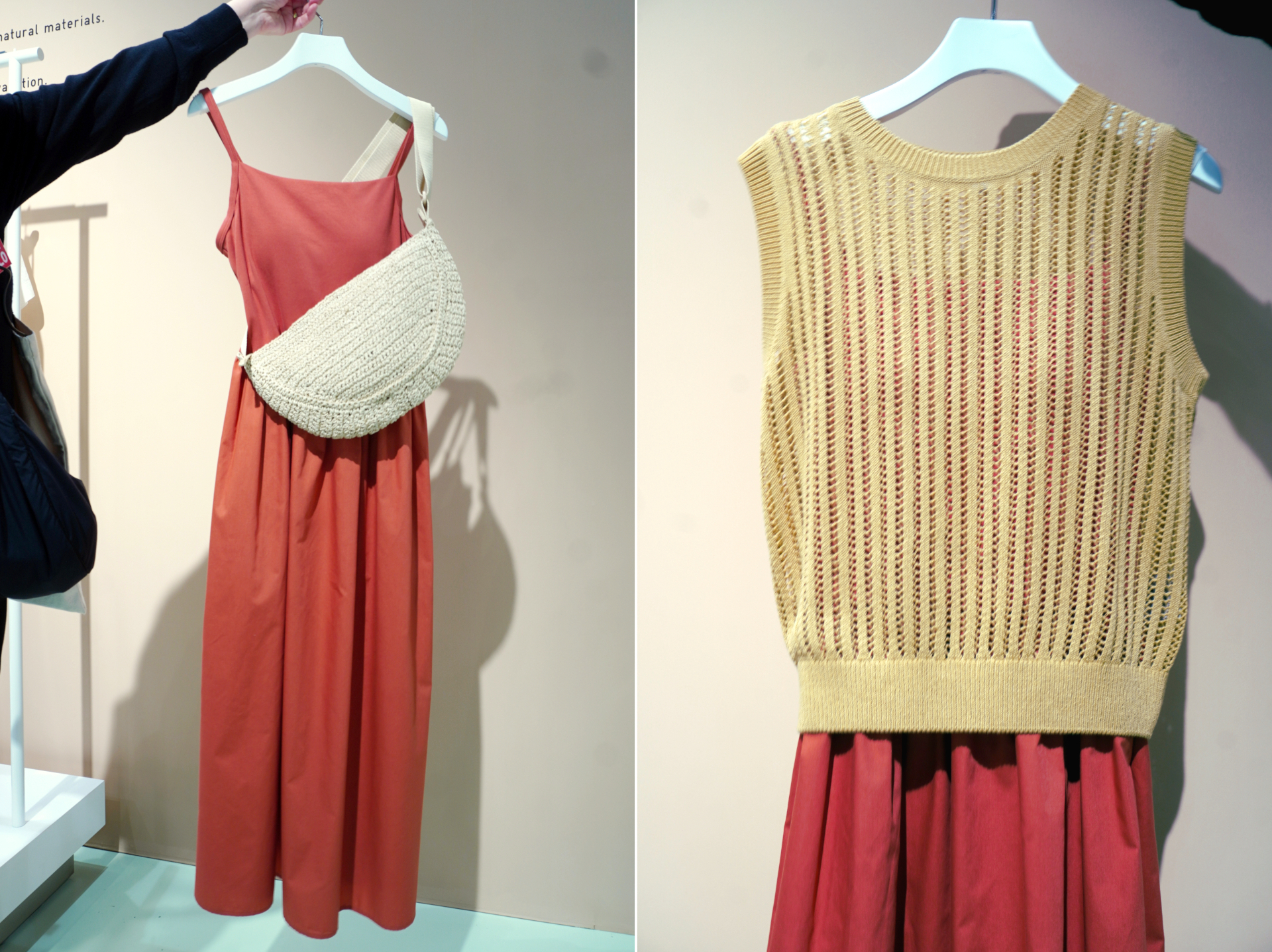 異素材ミックスのワンピースはブラトップ。旅行先でもこれ1枚で着られ、編みベストやリネンシャツと重ねるのも◎