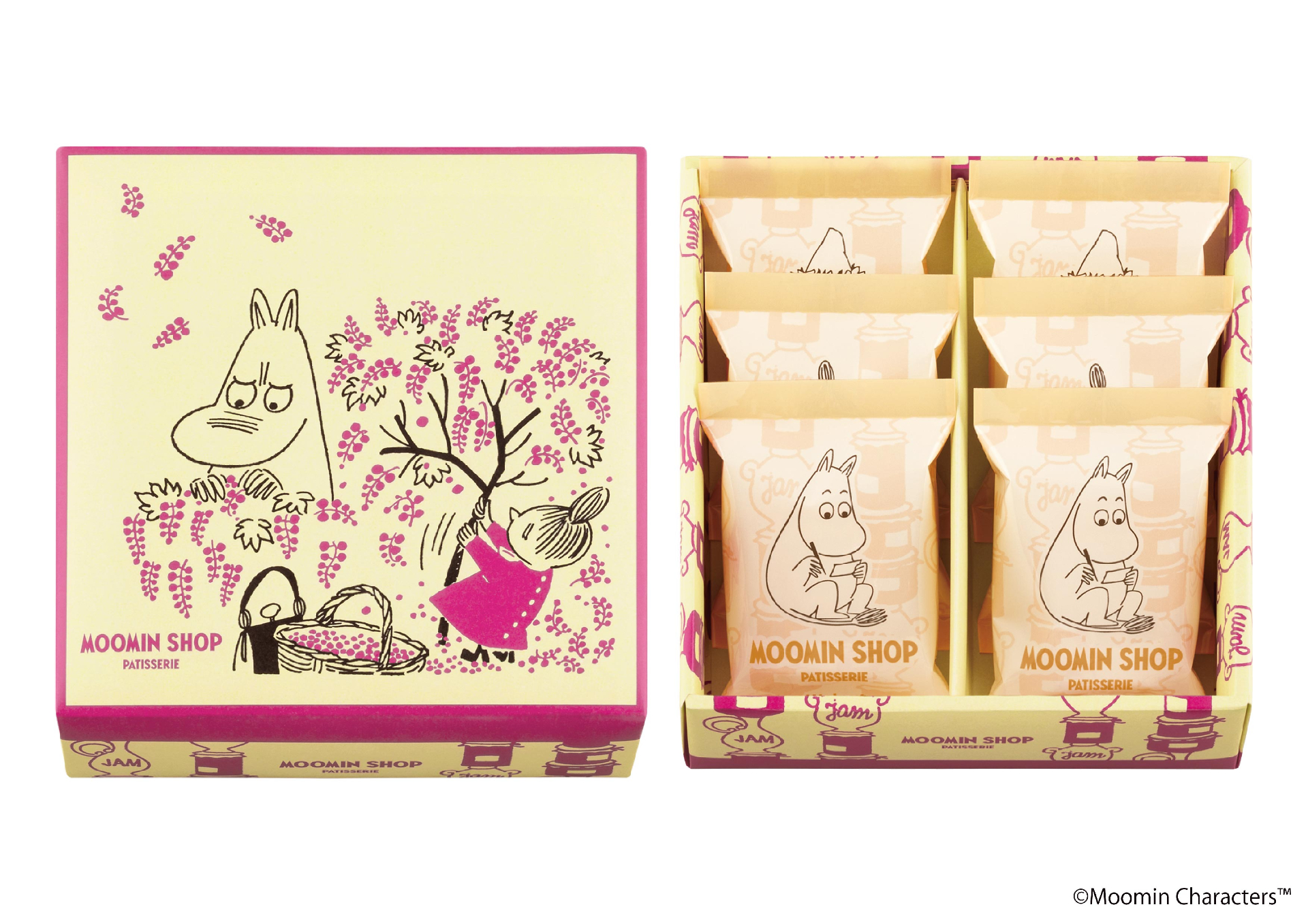 厚みのある「クリームサンドクッキー」。ムーミン柄はクルミ味、リトルミイ柄はストロベリー味、スナフキン柄はピスタチオ味