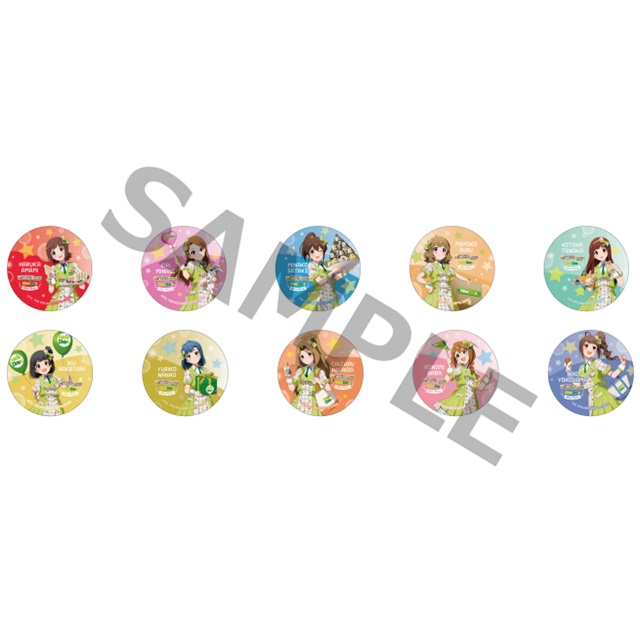 缶バッジ全10種。1個550円（トレーディング仕様）、1BOX 10個入り5500円（コンプリート可）。サイズは直径57mm