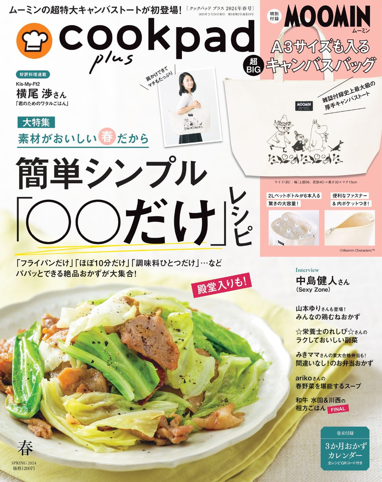 クックパッドプラス2024年春号、ムーミンの超特大キャンパスバッグが