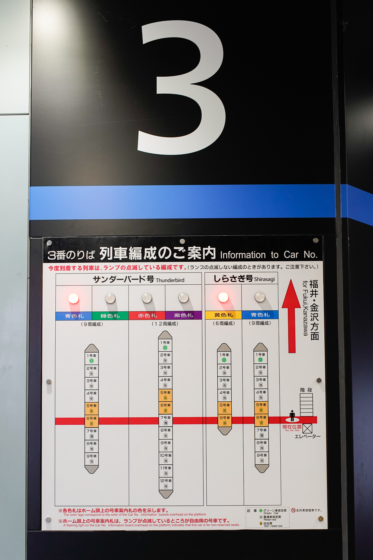 敦賀駅で。次に発車する列車名のところにランプが点灯しており、さらに、今いる跨線橋がどの号車に対応する位置にあるかが分かるようになっている。なお、これは北陸新幹線の延伸前に撮影したもの