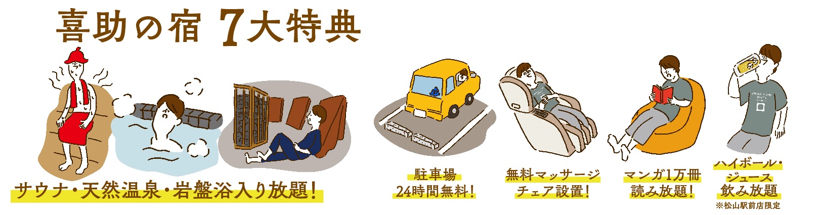 7大特典が付く「【素泊り】VIPカプセル上下セット サウナ・温浴施設利用放題」プランなど（3月31日まで）