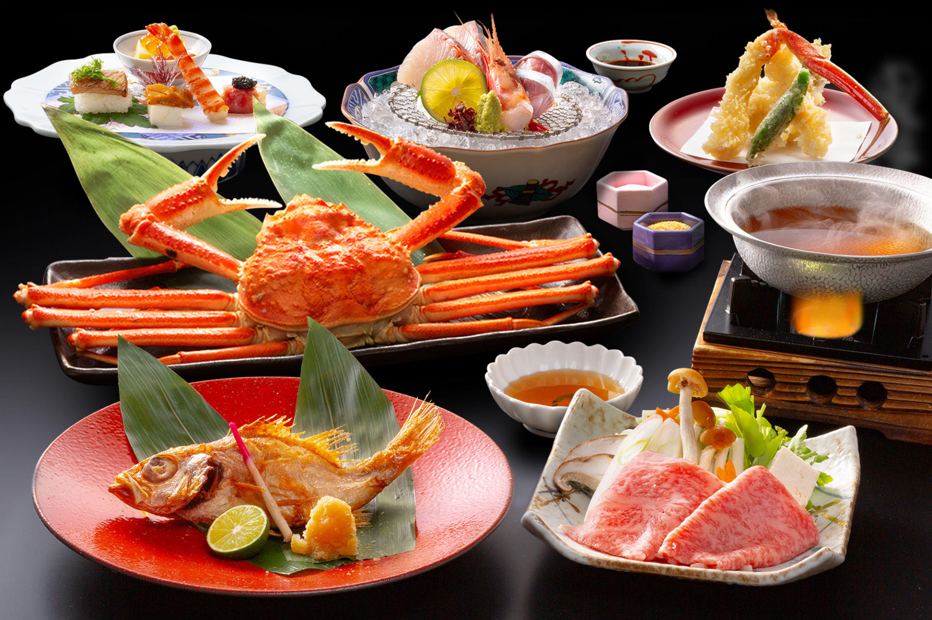 ディナー「加賀百万石会席」ではのどぐろ・能登牛・ずわいがにを堪能でき、お酒やソフトドリンクが飲み放題