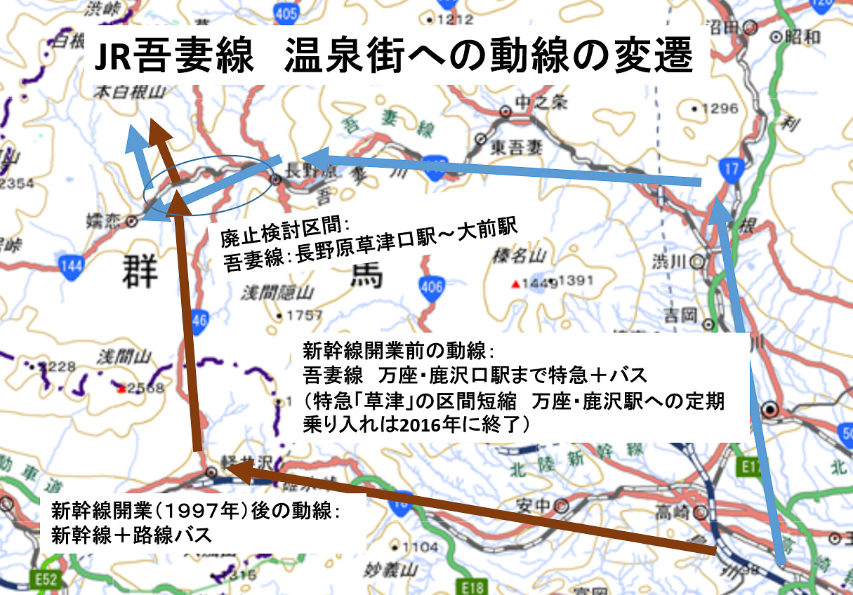 JR吾妻線の末端部は、長野（北陸）新幹線によって動線が変わった一例だ（地理院地図に筆者加工）
