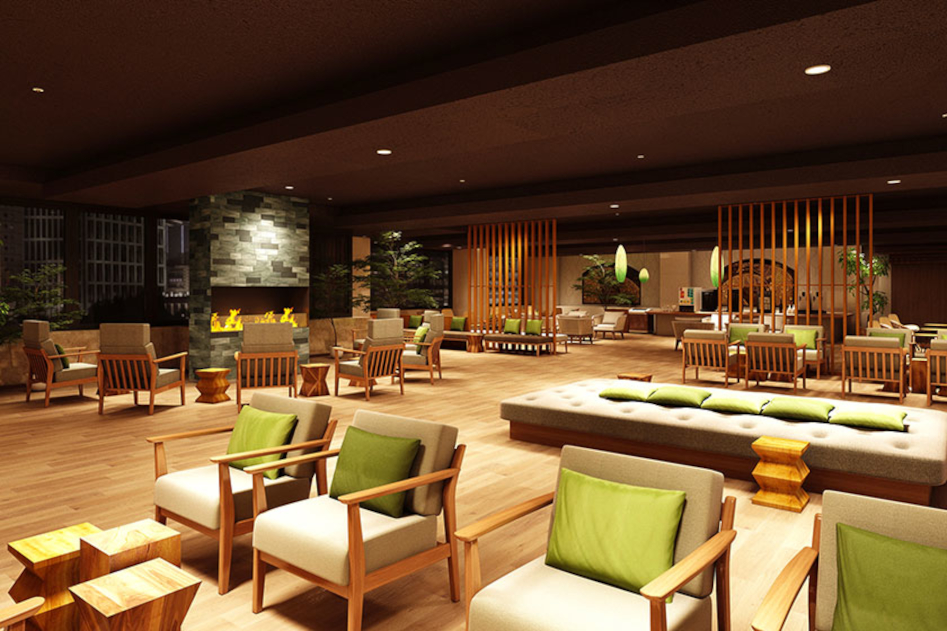自然豊かな森をイメージした「プレミアムラウンジ」を新設。夜は照明が落ち、より落ち着きある雰囲気に