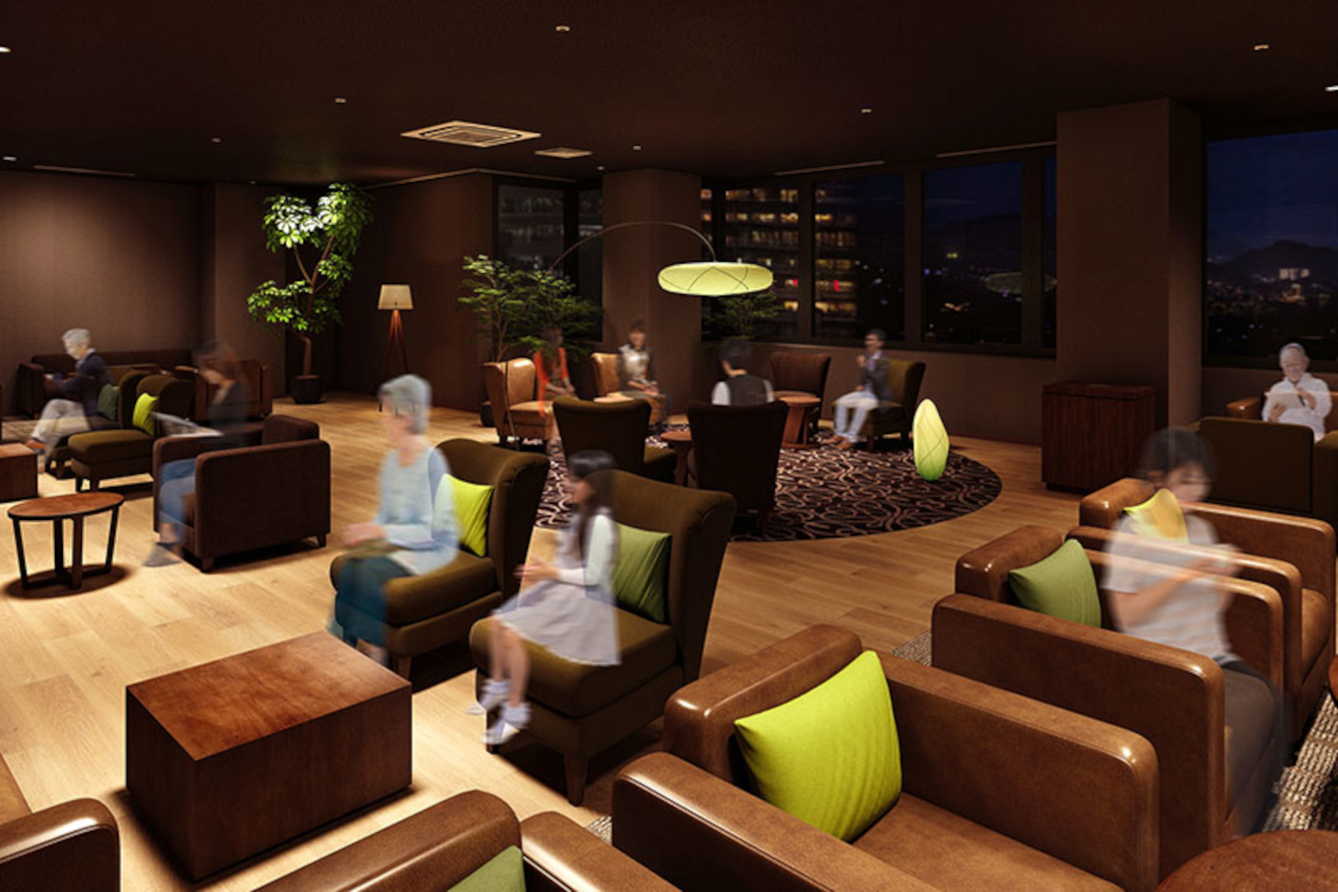 自然豊かな森をイメージした「プレミアムラウンジ」を新設。夜は照明が落ち、より落ち着きある雰囲気に