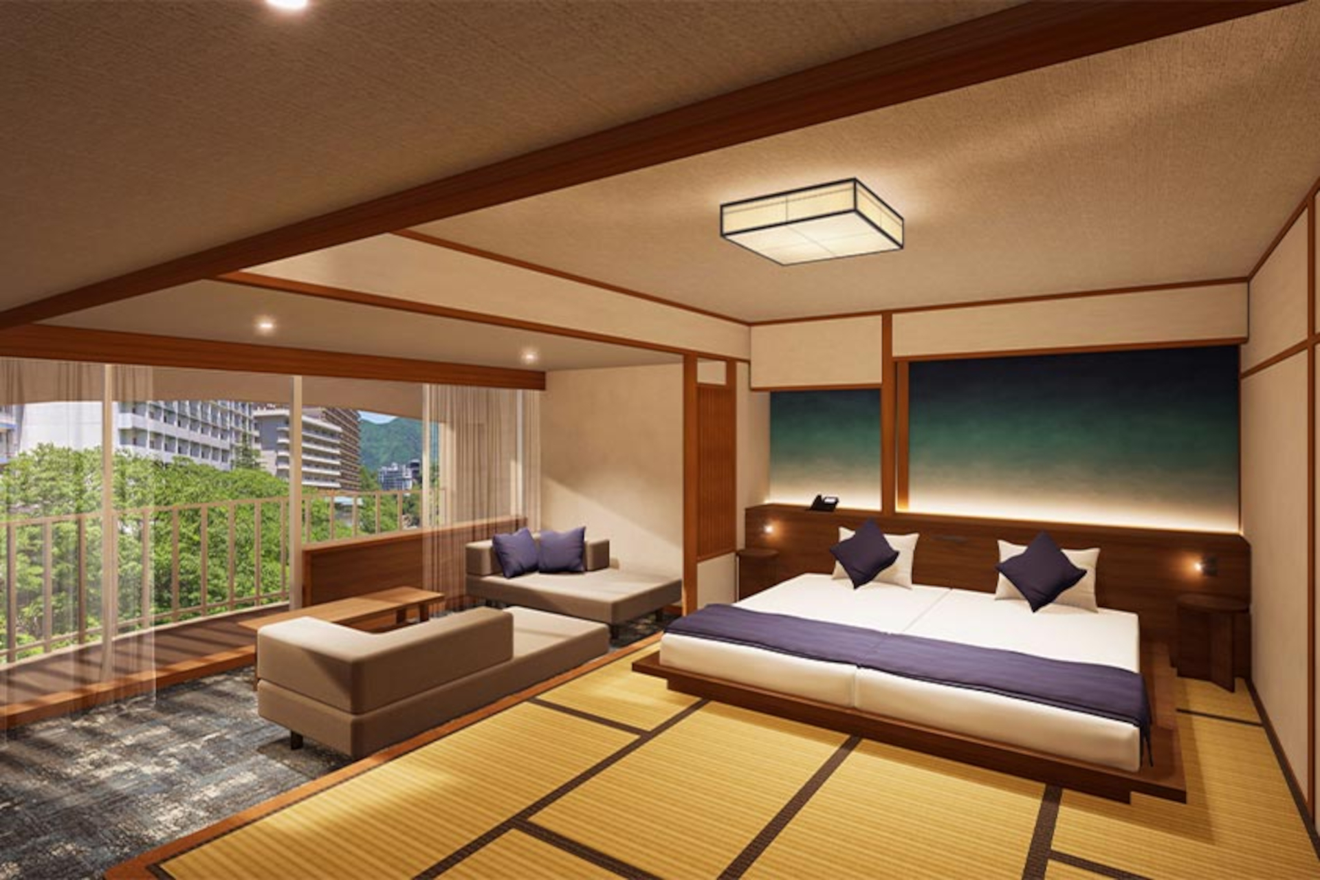 一部客室を「和モダンルーム」にリノベーション。窓からは鬼怒川の自然を望む