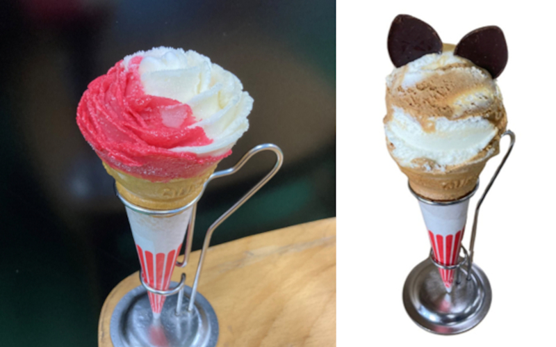 フランボワーズと洋ナシソルベ「赤白バラ盛りジェラート～バラの花を赤く塗ろうよ～」（左）、ミルクとキャラメル味の「ネコ耳ジェラート」（右）