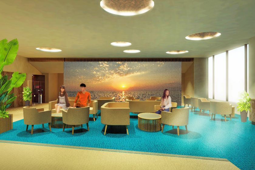 昼はオーシャンビュー、夜は暖炉に癒やされるプレミアムラウンジ。アルコールやソフトドリンクをいつでも無料で楽しめる