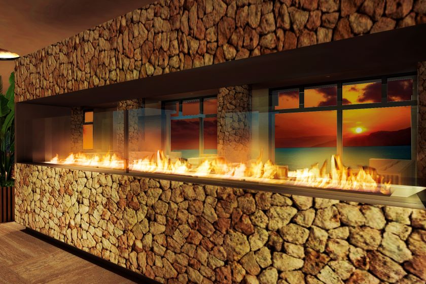 昼はオーシャンビュー、夜は暖炉に癒やされるプレミアムラウンジ。アルコールやソフトドリンクをいつでも無料で楽しめる