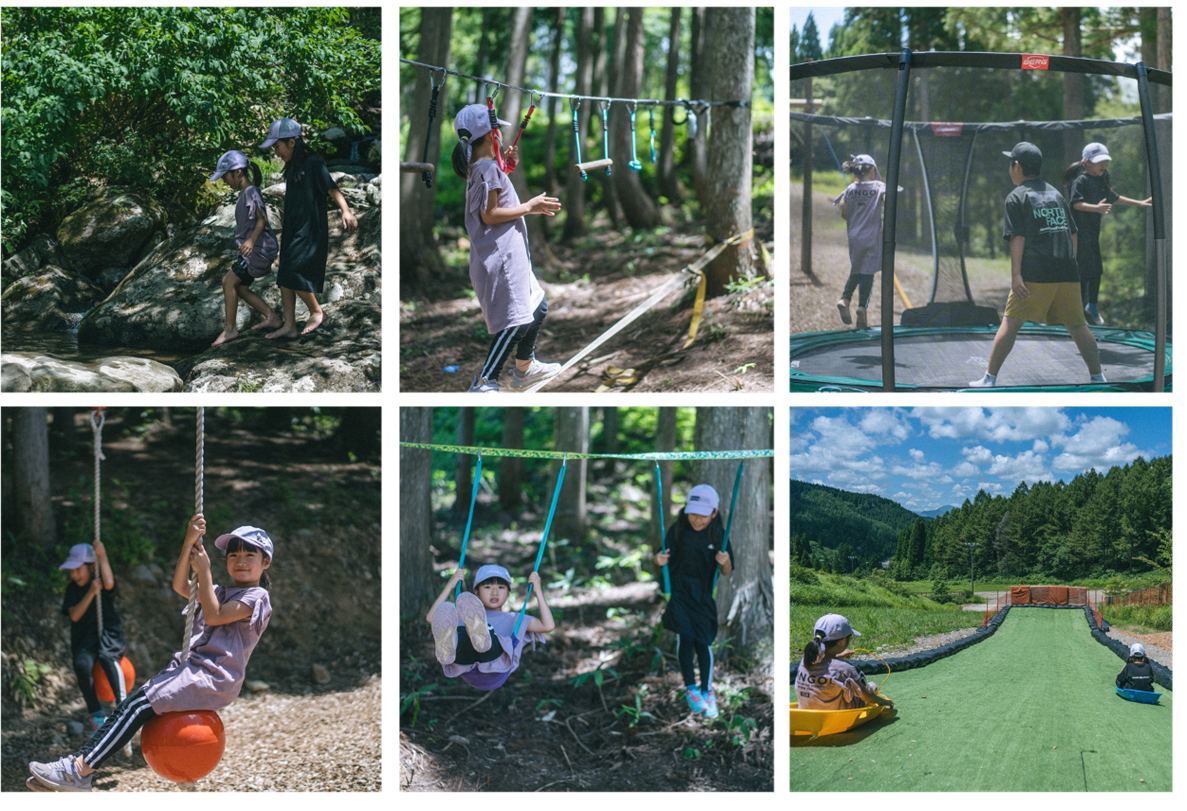 キャンプ場内にはほかにも水遊びができる小川やブランコなど子供でも遊べるアスレチックが備わる