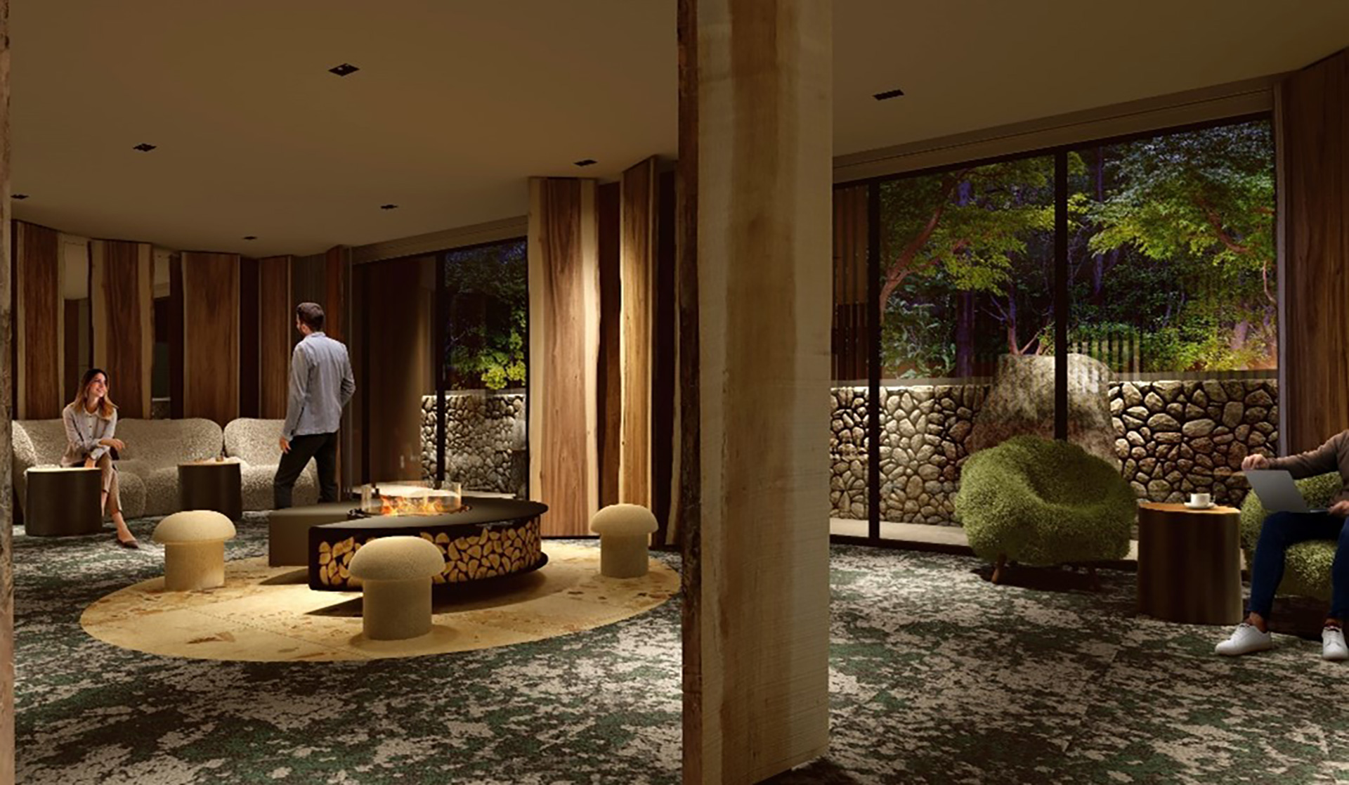 薪積みや浅間石の石積みなどを施したエントランスのイメージ