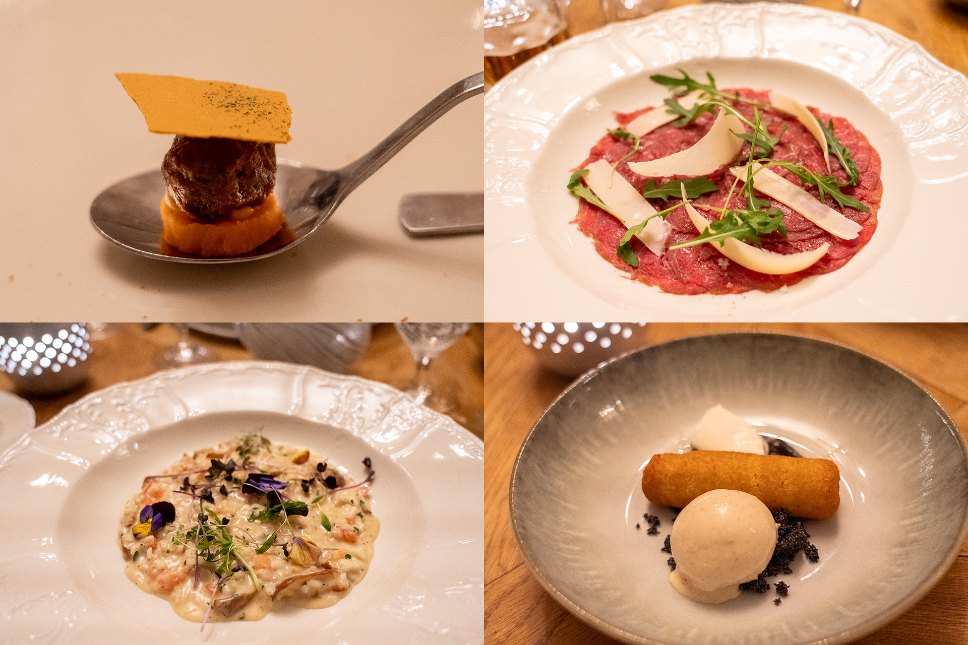 この日のディナーコース。スターターの牛肉のカルパッチョとメインのポルチーニリゾットが絶品