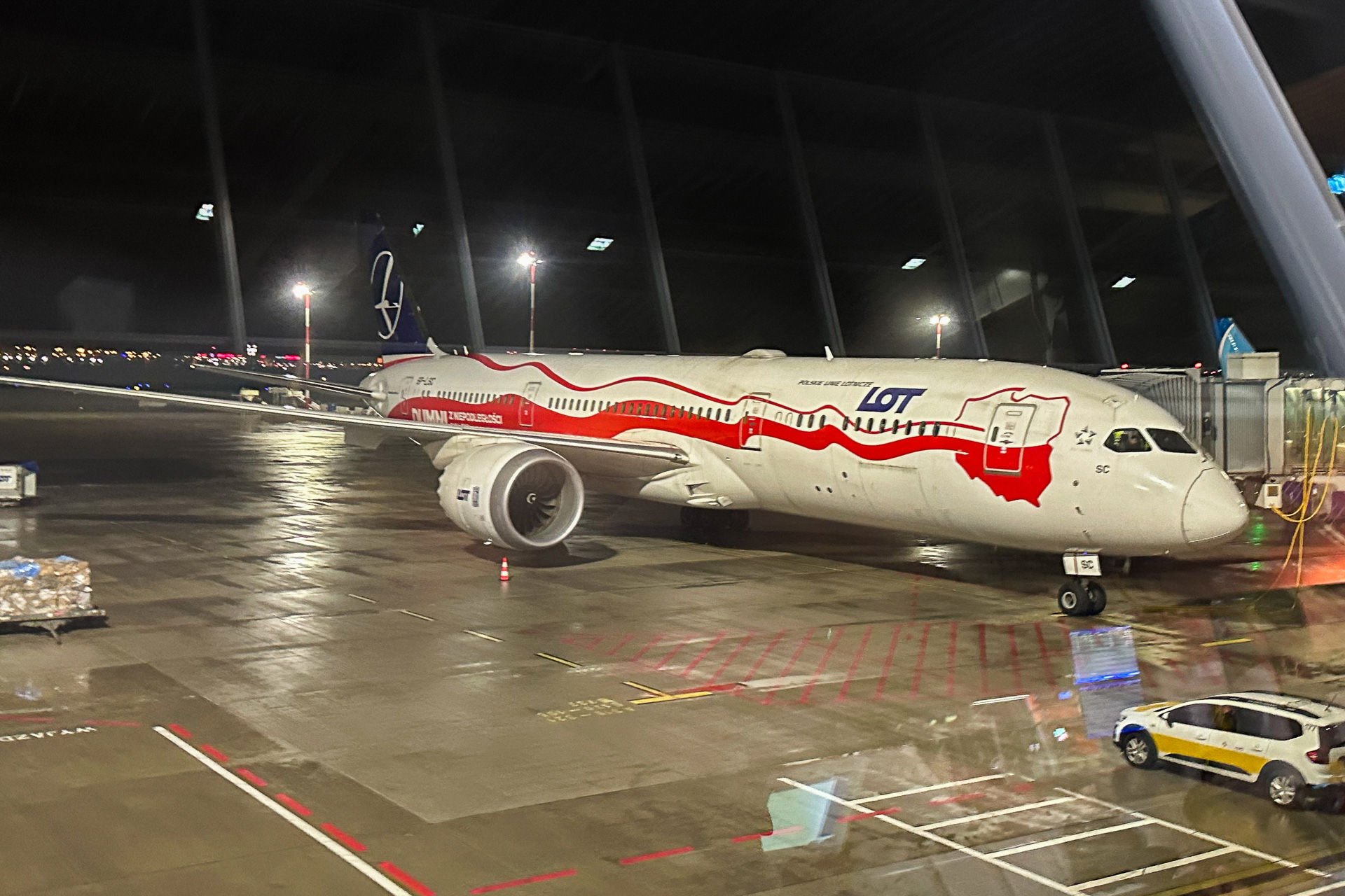 成田行きのLO79便はポーランド独立100周年を祝う特別塗装機