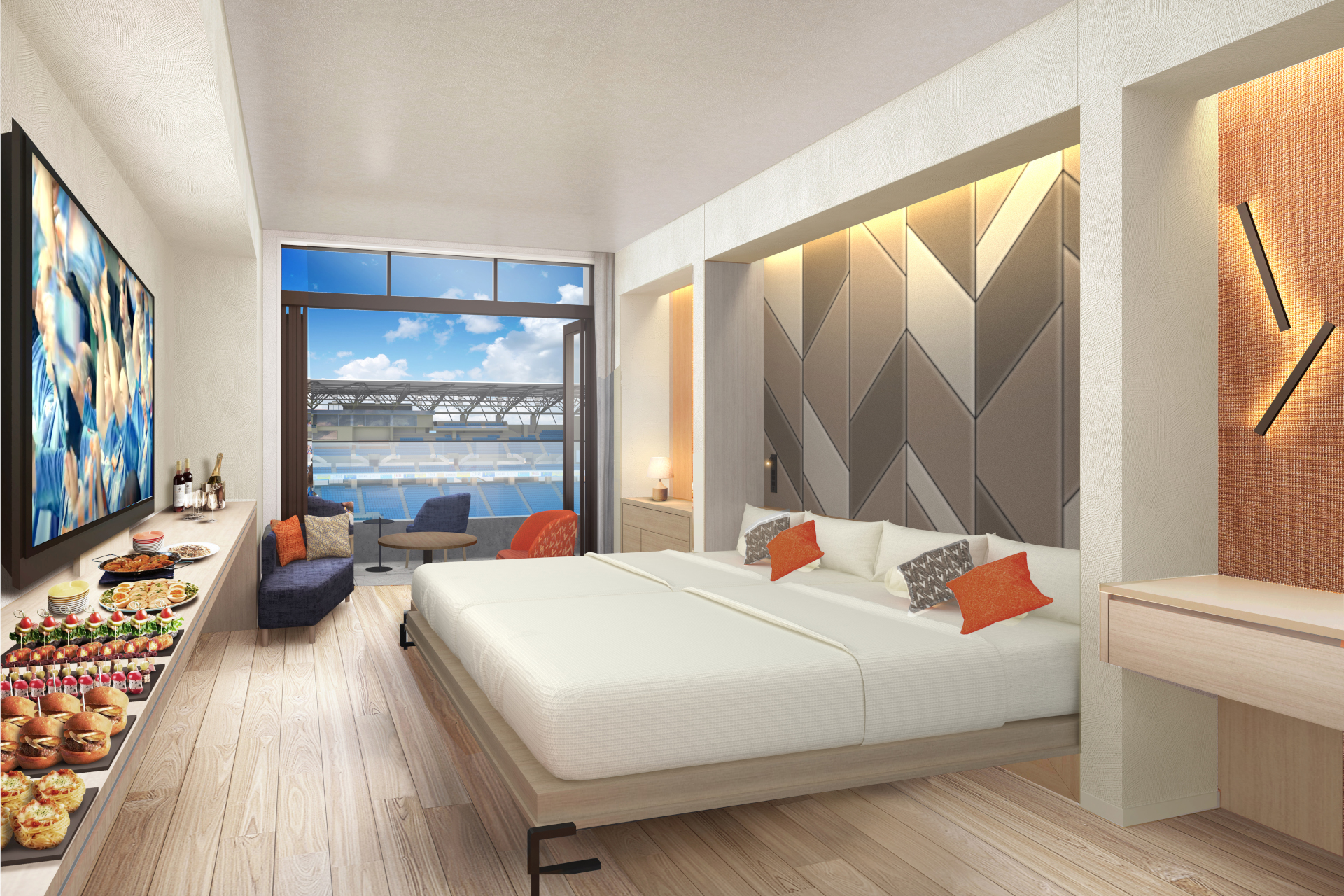 サッカーの試合がない日には壁面に収納されているベッドを出して宿泊できるようにする（提供：ジャパネットホールディングス）