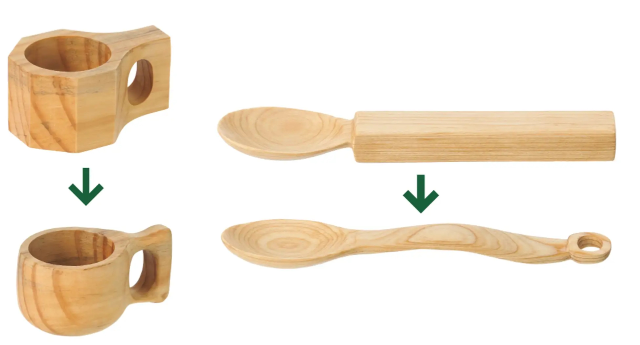 角ばった木材をみずから削って整えていく