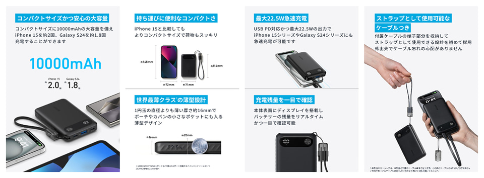 ANKER モバイルバッテリー グレー ストラップ付き Anker、ストラップ型ケーブル付属の大容量モバイルバッテリーを発売