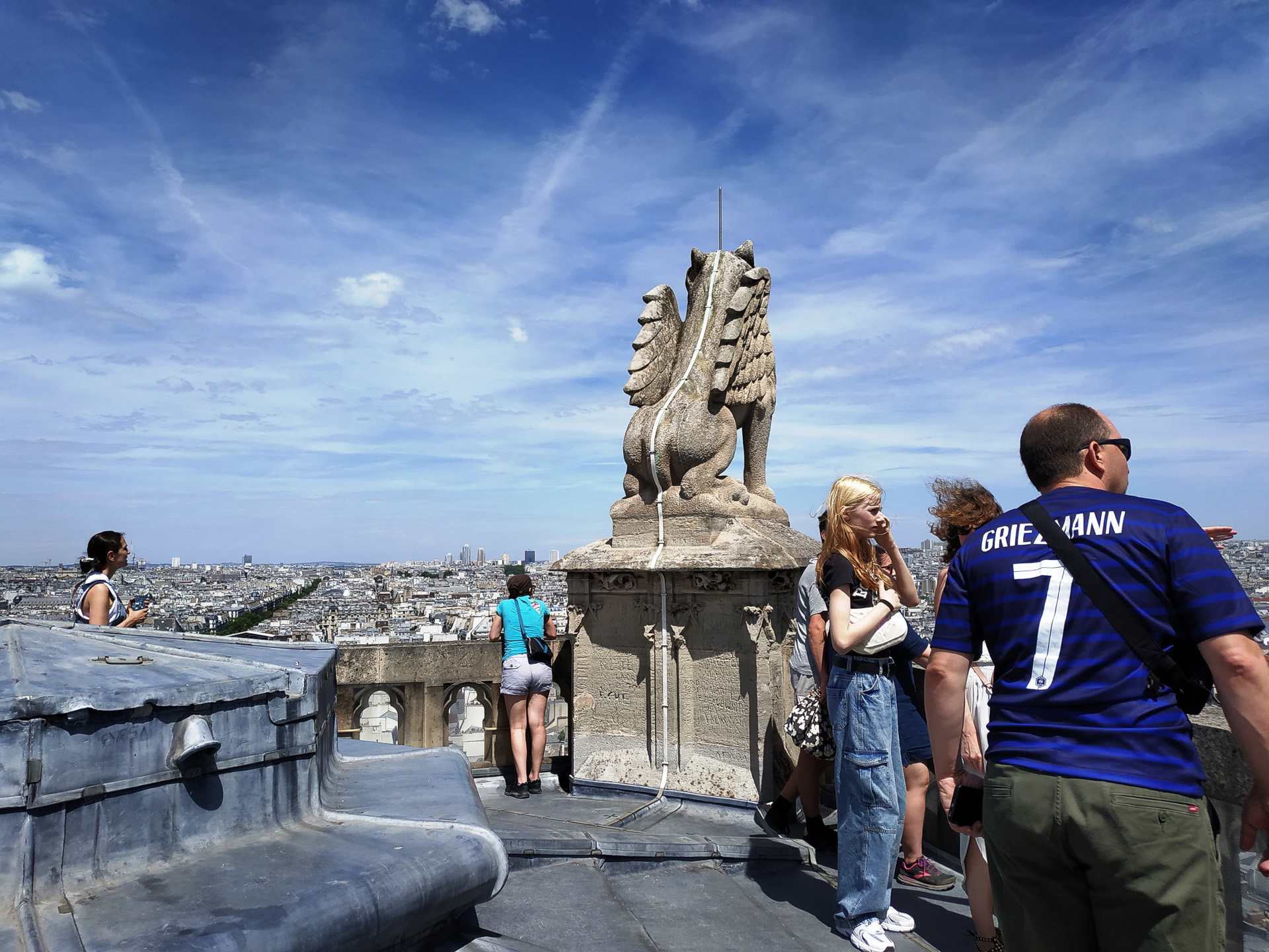 塔の上には、聖書の福音史家のシンボル（ライオン、牛、鷲、人）のほか、ガーゴイルたちがパリの街を見守るように置かれています。塔の上からはパリの観光名所を一望できます